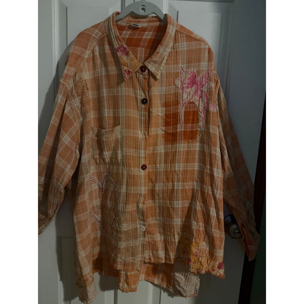Magnolia Pearl Love Plaid Cotton Gauze Shirt Orange Cherub Patch One Size